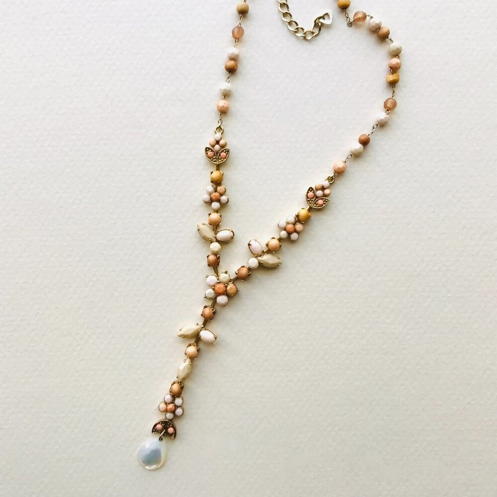 Vintage Gold Tone Lariat Necklace with Glass Beads & Pearl Drop